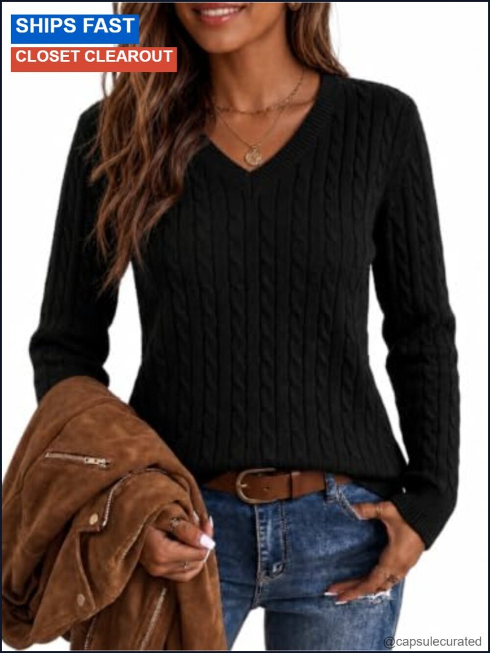 Cable Knit V-Neck Pullover Sweater Fitted Long Sleeve Cotton